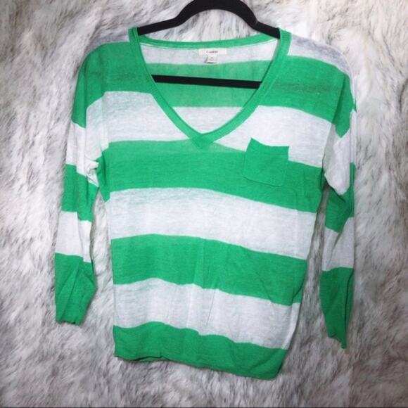 Nordstrom Caslon Linen Blend Green & White Striped Lightweight Vneck Sweater XS - Picture 3 of 8
